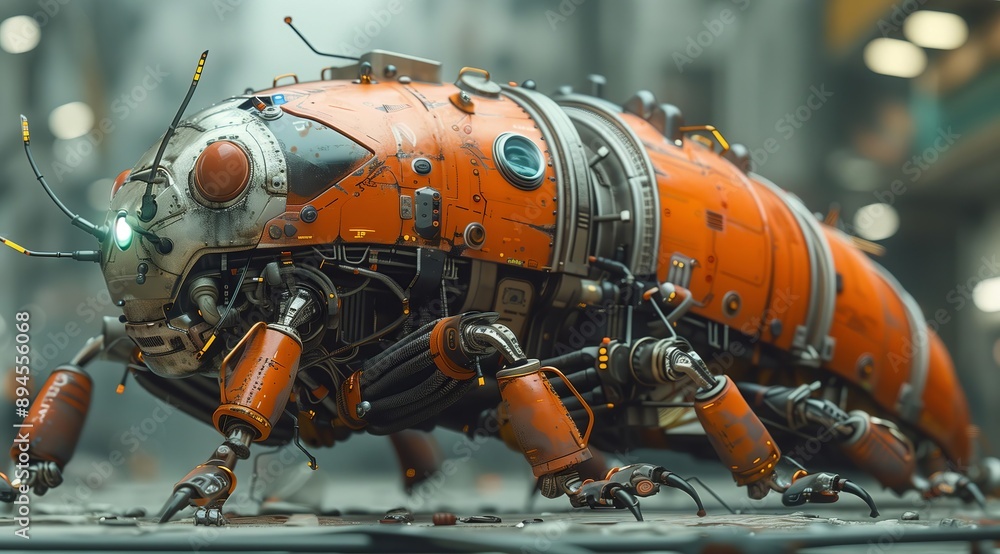 Poster a close-up of a futuristic, orange and grey, bug-like robot standing on a concrete surface. the robo