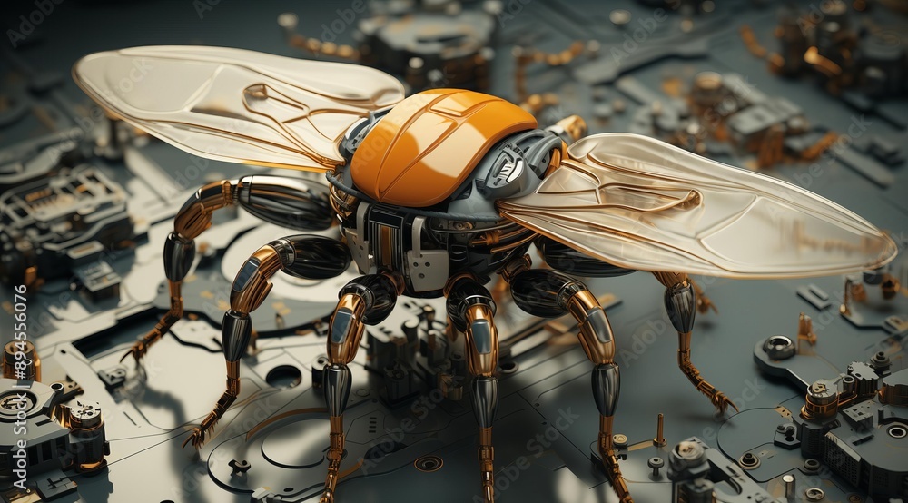 Poster a close-up of a robotic fly, rendered in 3d, perched on a circuit board. its shiny, metallic body an
