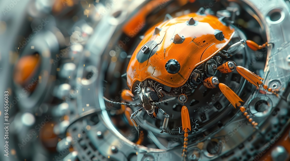 Poster A close-up shot of a robotic ladybug, with its orange shell and intricate mechanical details highlighted against a backdrop of a complex metallic gear system. The image evokes a sense of futuristic
