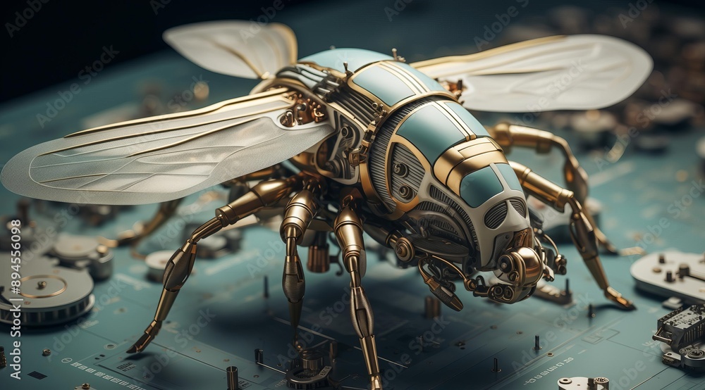 Poster A close-up view of a steampunk fly robot, crafted from intricate gears, brass, and delicate wings. The robot is perched on a surface resembling a circuit board, hinting at its technological nature.