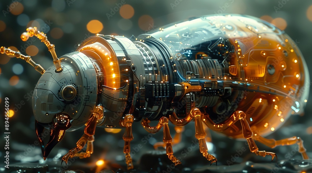 Poster This image features a futuristic cyborg insect, a blend of organic and mechanical elements. Its transparent body reveals intricate circuitry and glowing lights, creating a mesmerizing display of tec