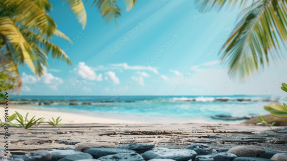 Poster a close-up view of a wooden platform on a tropical beach, with palm trees and the ocean in the backg