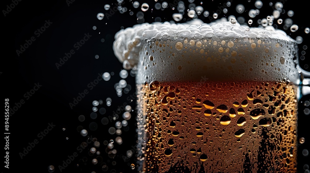 Poster a close-up image of a glass of beer featuring intricate bubbling and a frothy head, focusing on the 