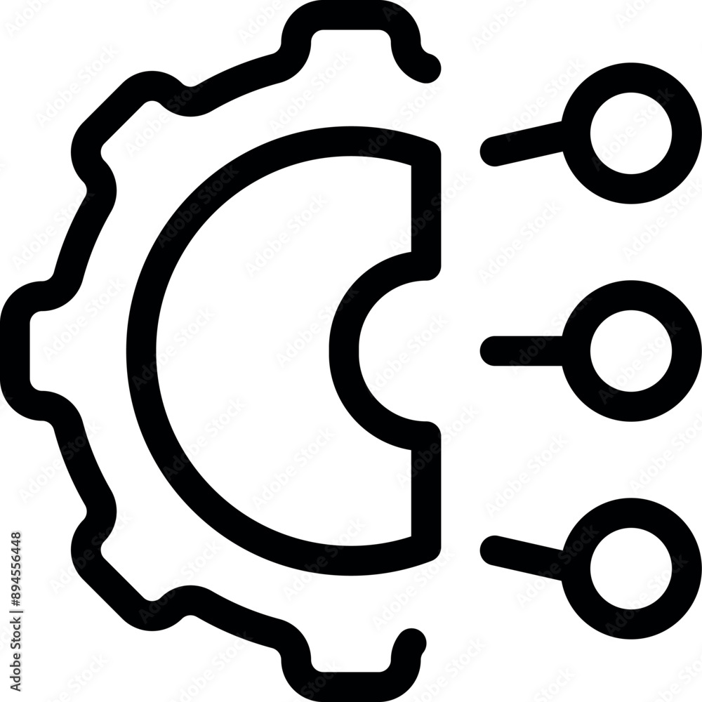 Poster line art icon of a gear connecting with three dots symbolizing data synchronization