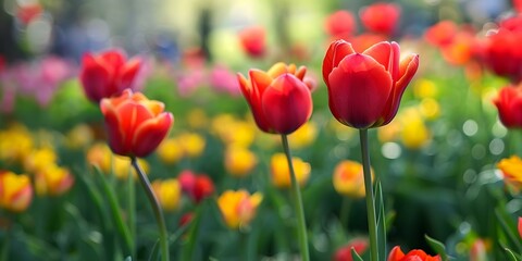 Fototapeta premium Beautiful Red and Yellow Tulips in a Garden