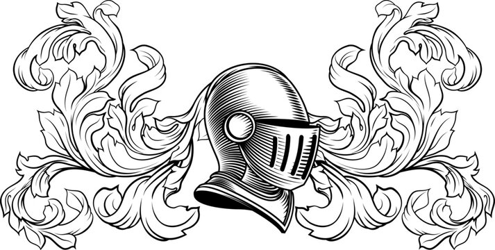 Coat of arms crest knight family medieval shield heraldry heraldic armorial motif. Featuring a knights helm helmet in a vintage etching engraving woodcut style