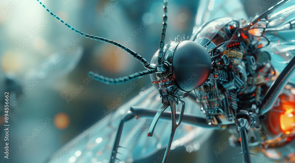 Poster a close-up image of a futuristic, cybernetic mosquito. the insect's body is made of intricate metal 