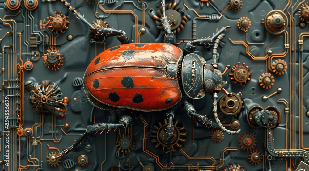 Aufkleber A 3D render of a steampunk ladybug on a circuit board. The ladybug is made of metal and has gears and cogs all over its body. The circuit board is also intricately designed with wires and other stea