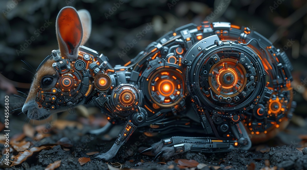 Poster A captivating photorealistic image of a rabbit with a cybernetic, mechanical body.  This creature is composed of intricate gears, wires, and glowing lights, suggesting advanced technology.  The rabb