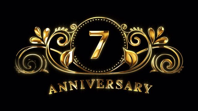 7th Anniversary Celebration. Happy 7 Years Anniversary Animation in Gold Color on the Transparent Background, Alpha Channel. Great for greetings, celebrations, events, and gifts.