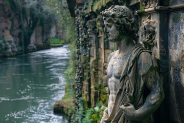Weathered stone sculpture stands guard by a peaceful river, embraced by greenery