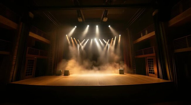 A dimly lit theater stage with spotlight beams, slight fog, and empty seats. The atmosphere is dramatic and ready for a performance.