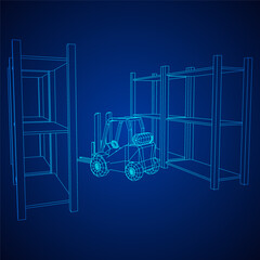Forklift Loader lift truck in warehouse near rack. Wireframe low poly mesh vector illustration.