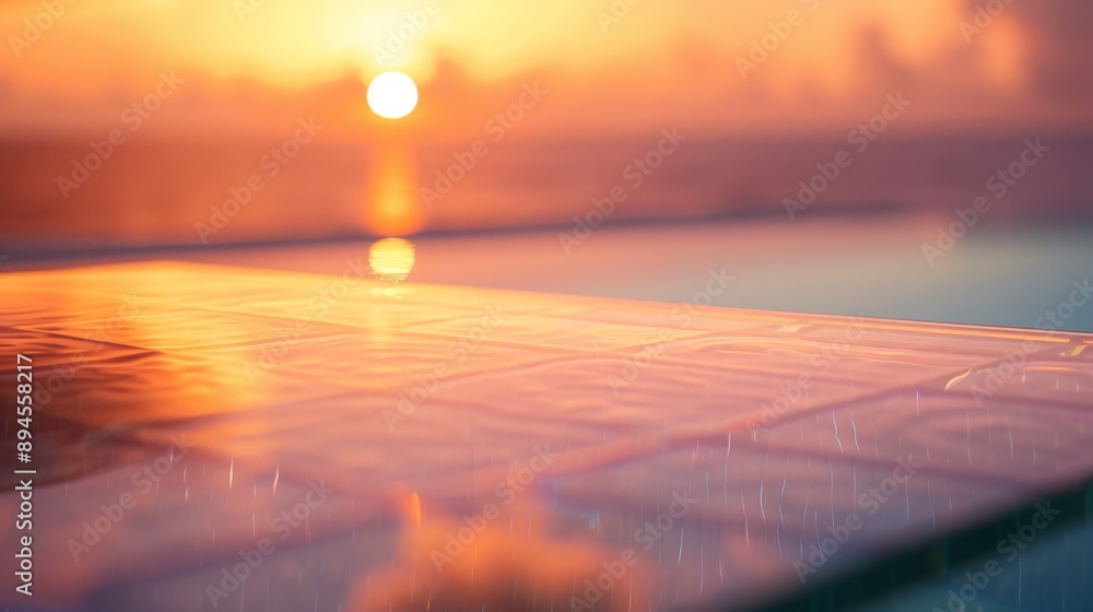 Poster the sun sets behind a cloud, casting a warm glow on the surface of a pool.