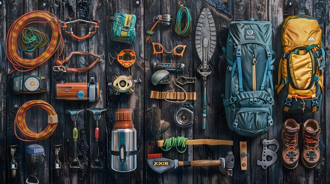 rock climbing and travel equipment on dark wooden background. 