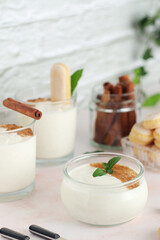Glasses with traditional Italian dessert Zabaione made of eggs, sugar and wine	