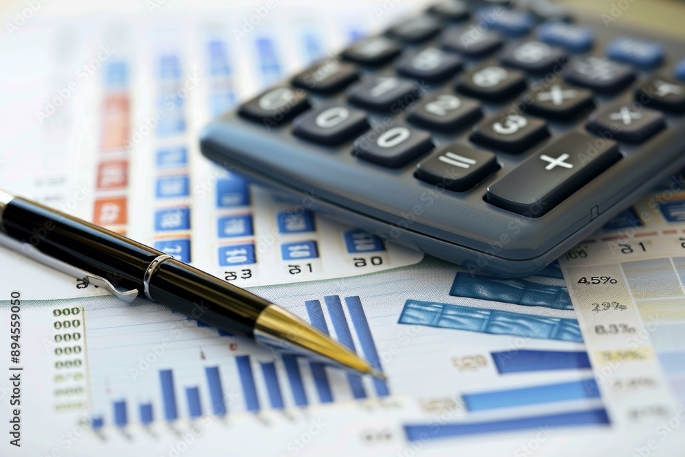 Poster close up image of a calculator and pen on financial charts and graphs for business analytics
