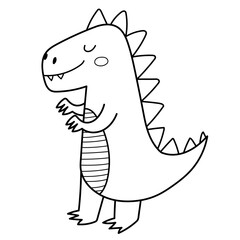 Cute Tyrannosaurus rex in black and white isolated element. Funny dinosaur t-rex of jurassic period in outline. Vector illustration 