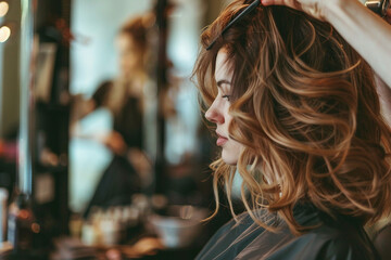Obraz premium Hairdresser salon room interior, hair specialist making hairdo hairstyle to client, Generative AI