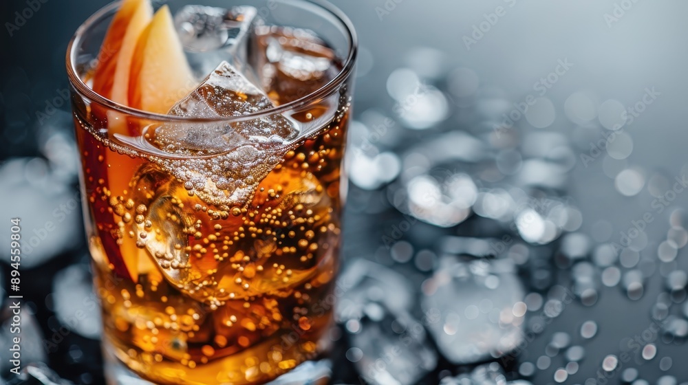 Poster a refreshing glass of iced soda enriched with apple slices, showcasing a burst of fizz and bubbles a