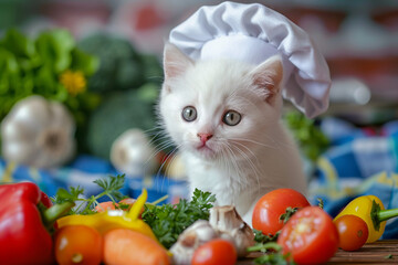 AI generated photo image of funny cat professional chef in the kitchen