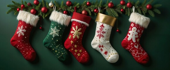 Christmas holiday. A festive display of Christmas stockings hanging in a row on a green background