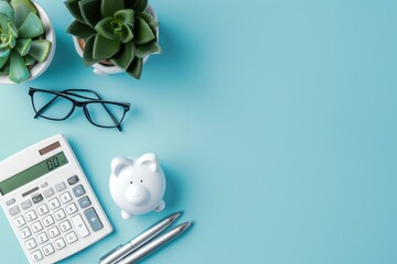 Flat lay of calculator, piggy bank, eyeglasses, pens, and succulents on a clean blue surface