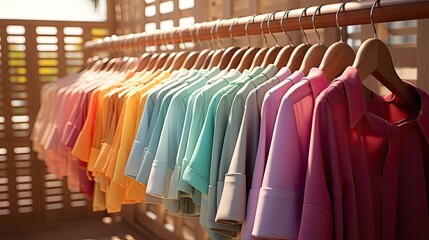 Obraz premium A fashionable boutique's wardrobe display features a standing row of shirts on indoor clothes hangers, showcasing the latest styles for swinging 