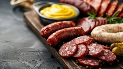 Various sausages and cured meats served alongside mustard dip, artfully arranged on a dark wooden board, offering a visually appealing and delicious selection.