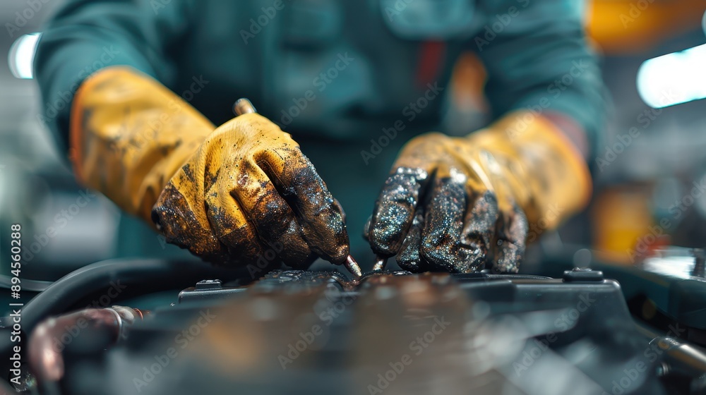 Poster this photo captures a mechanic with oily gloves meticulously working on an engine within a workshop,