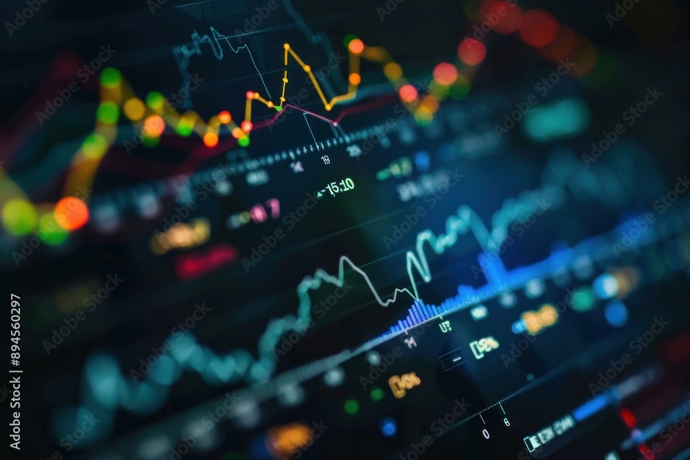 Poster close up view of dynamic stock exchange data and graphs on a high tech screen