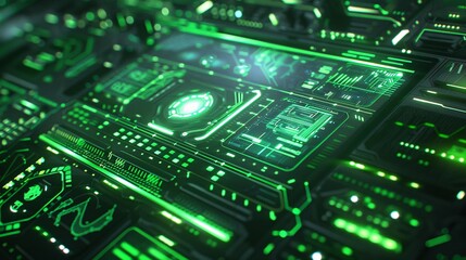 Obraz premium Futuristic Circuit Board with Glowing Green Lights, Advanced Digital Technology, High-Tech Electronic Components, Cyberpunk Aesthetic, Modern Circuitry and Innovation in Electronics