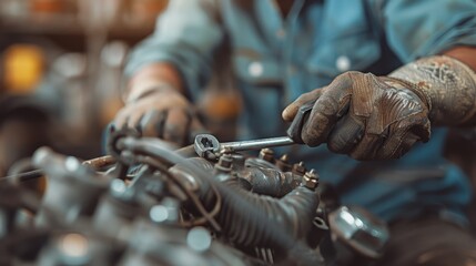 The image shows a mechanic working on an engine with a wrench, wearing protective gloves, focusing on intricate components in a workshop setting, demonstrating mechanical expertise.