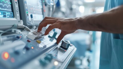 A close-up view of a medical professional's hand operating complex medical equipment in a well-lit hospital room, showcasing technology and healthcare interaction.