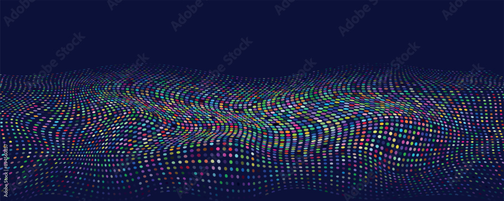 Poster dynamic blue particle wave. futuristic point glowing wave. flow digital structure. data technology b