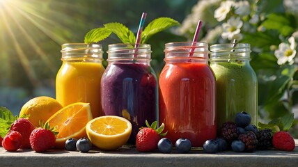 A collection of fruit juices including strawberries or orange
