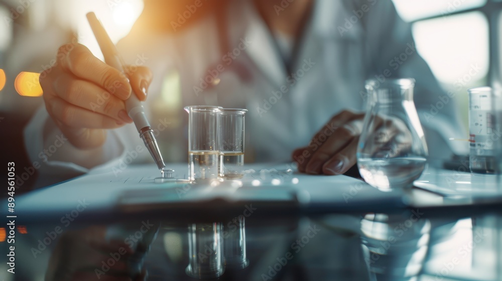 Poster a close-up of a scientist's hands as they write data and conduct experiments, with flasks and beaker