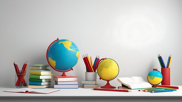 Three-Dimensional Design with Open Book and Smooth Texture for Digital Learning Materials. pencil, globe, world, school supplies