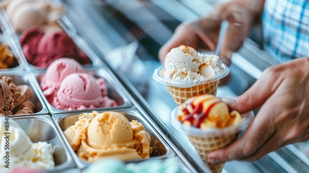 Aufkleber an array of colorful ice cream scoops is displayed in cones and cups at a bright ice cream parlour, 