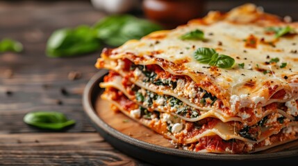A delectable slice of cheesy lasagna, generously layered with spinach, rich tomato sauce, ricotta cheese, and garnished with fresh basil, perfect for a comforting meal.