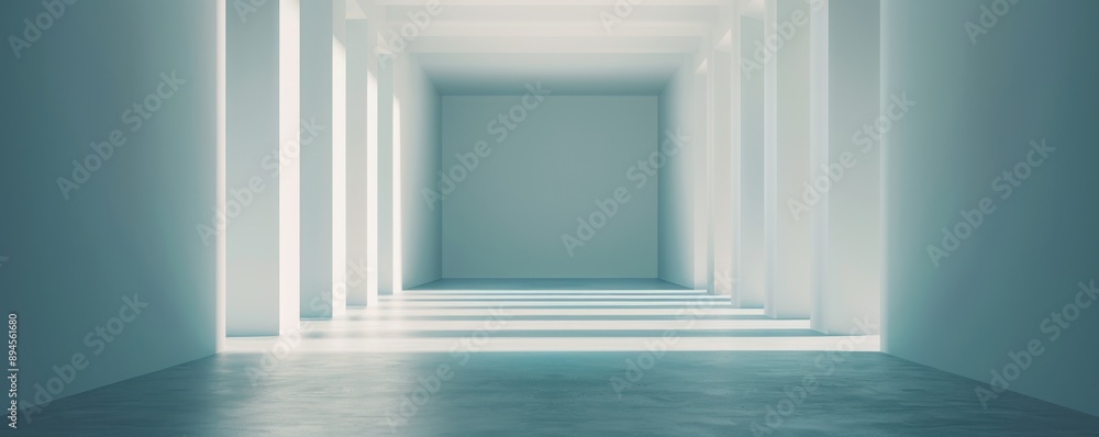 Poster a minimalistic interior space featuring bright, illuminated columns and a smooth floor, perfect for 
