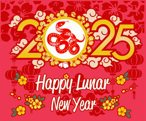 Happy Chinese New Year 2025, Year of the Snake, red and gold paper, flowers and Asian elements with craft style lanterns, Asian New Year card