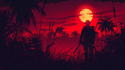 A hunter at sunset in the jungle
