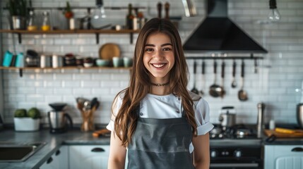 Smiling woman in a modern kitchen wearing an apron, enjoying her time cooking