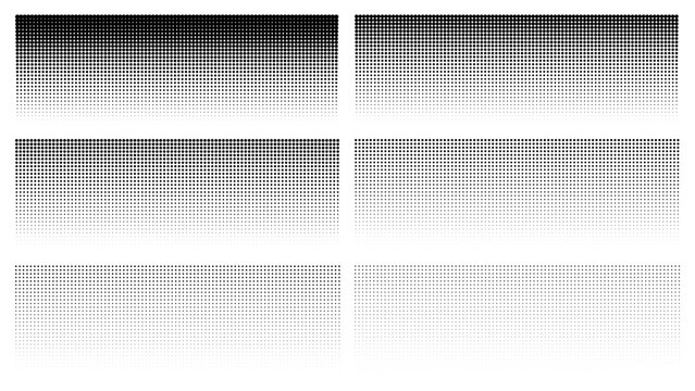 Dots halftone grid texture isolated on white. Fade shade gradient of dense and sparse fill, grain geometrical disappearing noise. Vector border, black pattern for overlay effect, background design.