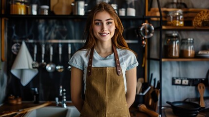 Smiling woman in a rustic kitchen wearing an apron, ready for cooking