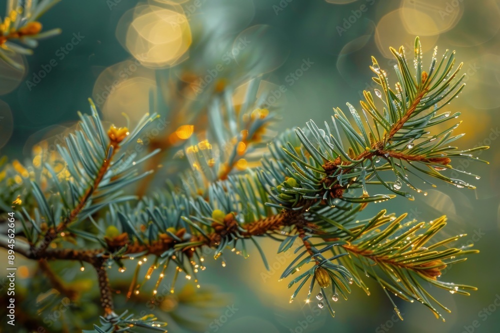 Poster close up of a pine branch with dew drops and a soft, bokeh background