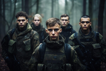 Fototapeta premium Special forces soldiers go to military operation in forest generative AI