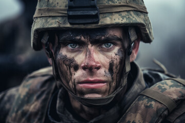 Obraz premium Generative AI illustration of soldier in camouflage uniform at the battlefield