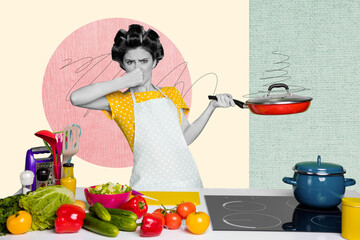 Creative collage poster young woman bad smell aroma frying saucepan cooking culinary gourmet vegetable food dinner preparation apron